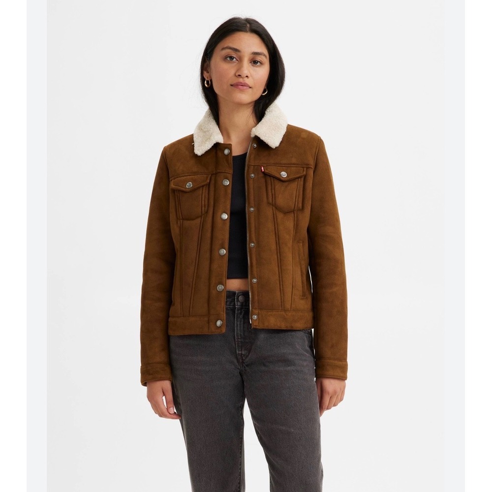 Levis Womens Brown Faux Suede Sherpa Lined Trucker Jacket Small Full Zip Snap‎